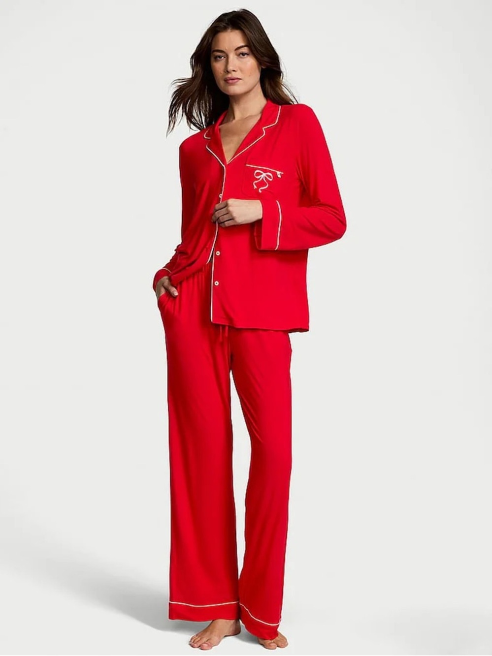 Victoria's Secret Lipstick Bow Red Modal Long Pajamas Set SZ Small Christmas